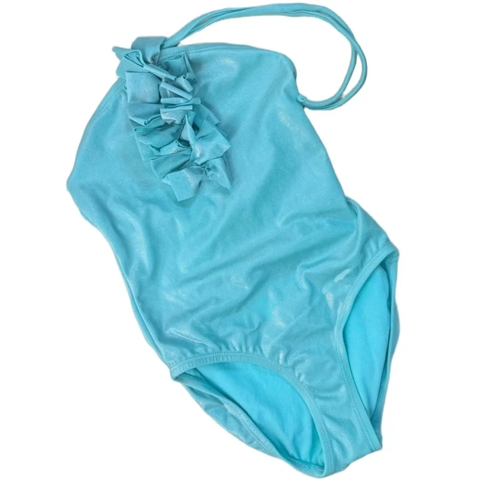 GAP Kids Aqua Blue One Piece Swimsuit Ruffle Detail Girls XS Beach Swimwear